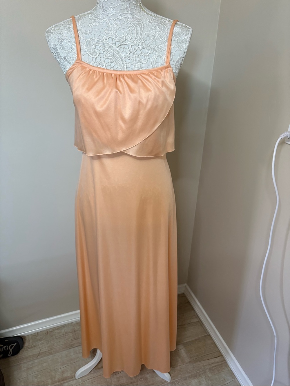 Vintage JCPenney Fashions Peach Satin Maxi Slip Dress Overlay Gown S/M